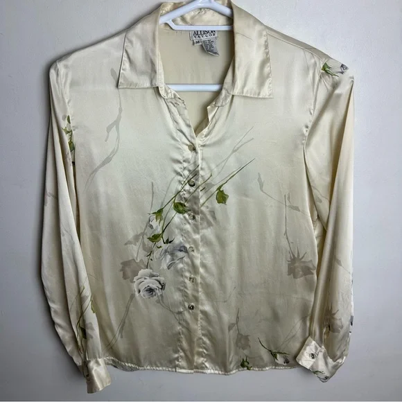 Vintage 100% Silk Blouse Women’s Medium Button Up Shirt Allison Taylor Floral - Picture 7 of 7